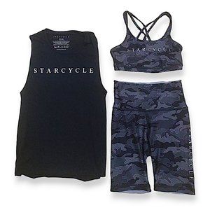 Wear It To Heart WITH lot of 3 camo strappy gym bra biker shorts and tank XS/S